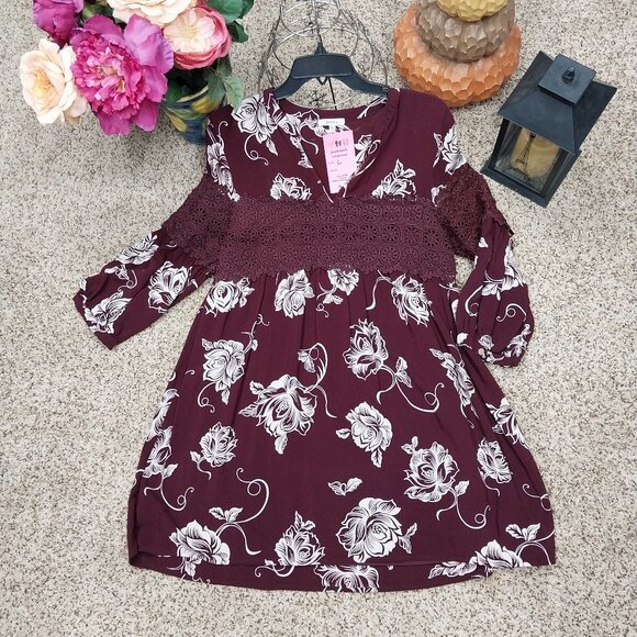 3045 Size Large Jodifl Burgundy Floral Pattern Tunic Dress. - Picture 1 of 10